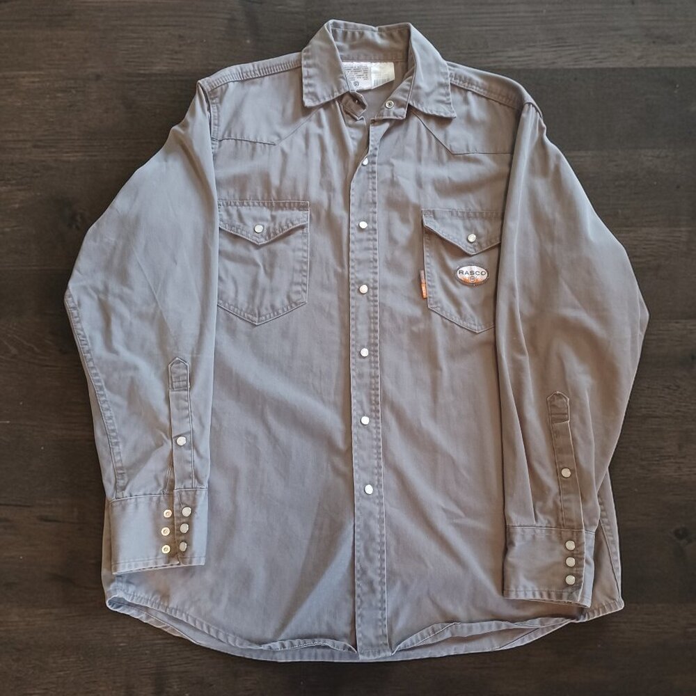Rasco FR Flame Resistant Work Shirt Mens L Long Gray Pearl Snap CAT2 NFPA 2112